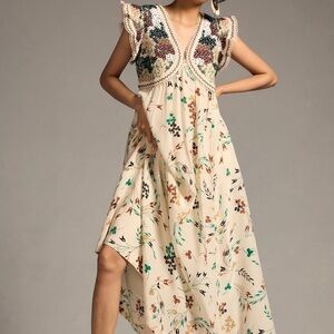 Anthropologie Cream Floral Embroidered Maxi Dress